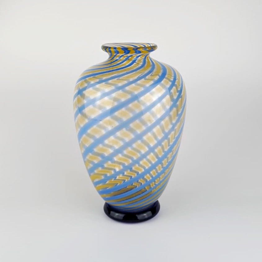 Vintage Murano Swirl Vase by Fratelli Toso Blue Yellow Glass Mid Century 1950s