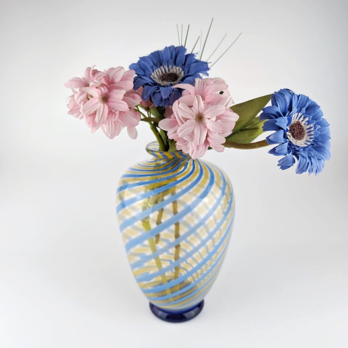 Vintage Murano Swirl Vase by Fratelli Toso Blue Yellow Glass Mid Century 1950s