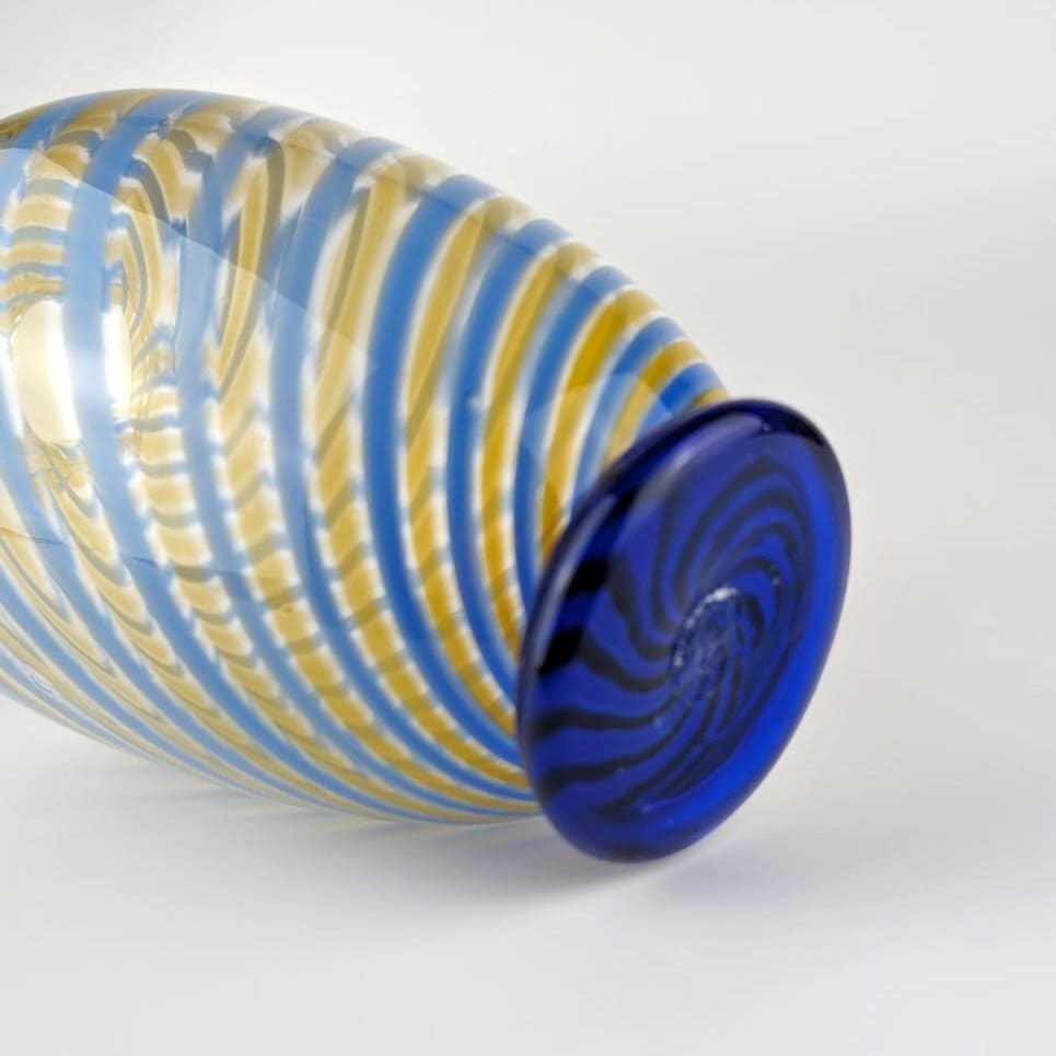 Vintage Murano Swirl Vase by Fratelli Toso Blue Yellow Glass Mid Century 1950s