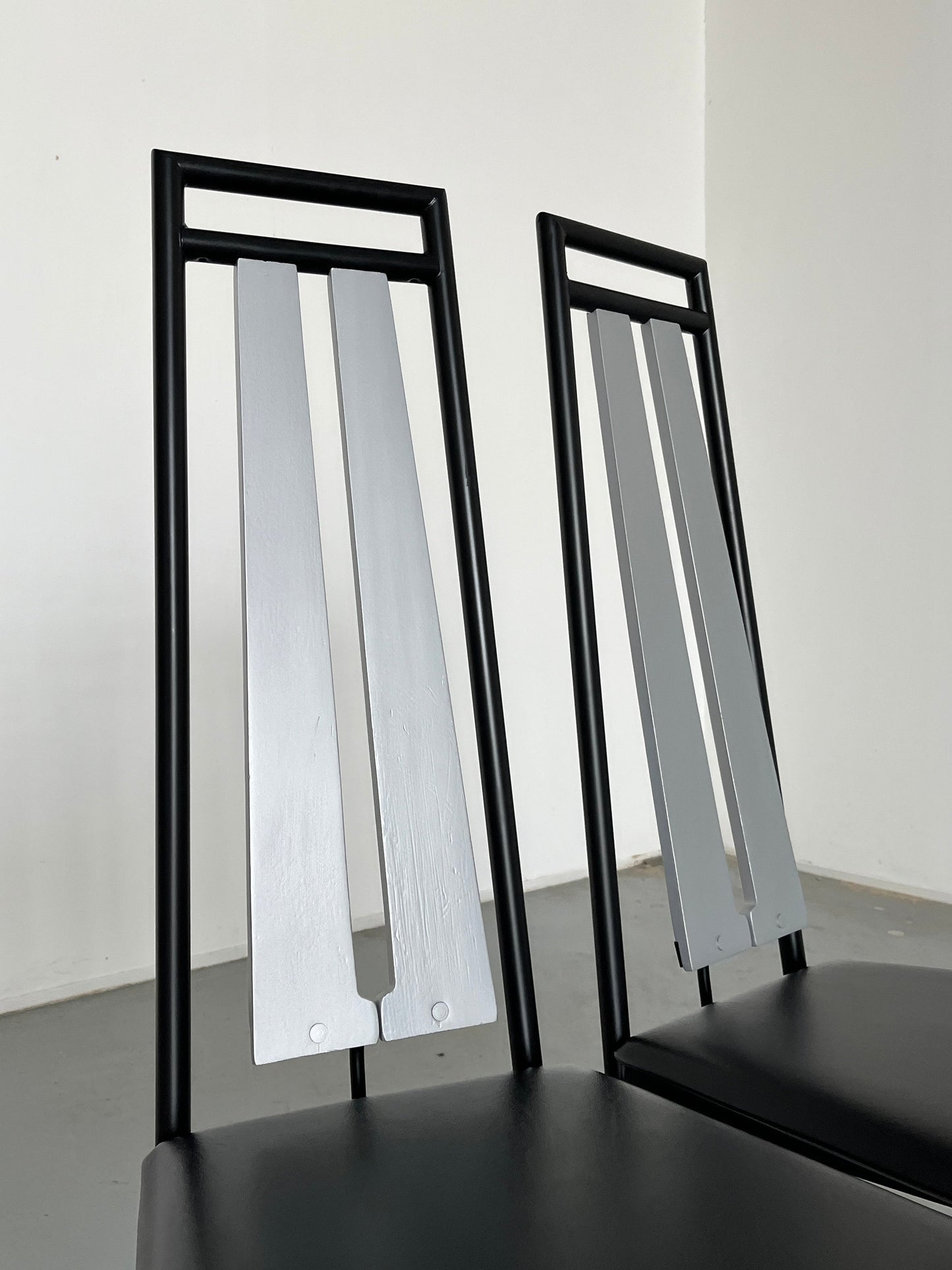 Vintage Dining Chair Black Metal Faux Leather Wood Italy 1980s Set of 4