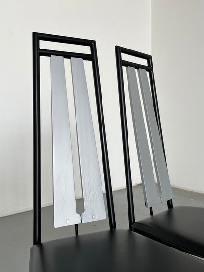 Vintage Dining Chair Black Metal Faux Leather Wood Italy 1980s Set of 4