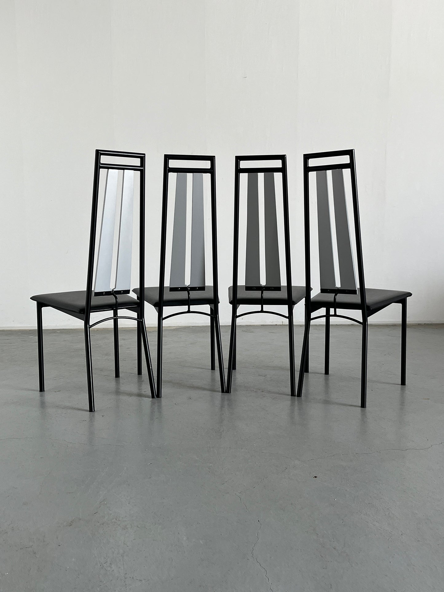 Vintage Dining Chair Black Metal Faux Leather Wood Italy 1980s Set of 4