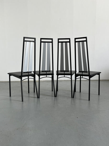 Vintage Dining Chair Black Metal Faux Leather Wood Italy 1980s Set of 4