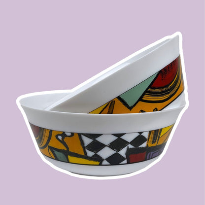Vintage Schüssel Postmodern Muster Frankreich 80er 90er Weiß Set von 2