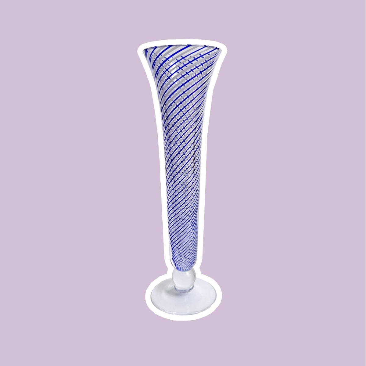 Vintage Pasabahce Swirl Thread Glass Vase Cobalt Blue Turkish Mid Century White