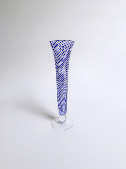Vintage Pasabahce Swirl Thread Glass Vase Cobalt Blue Turkish Mid Century White