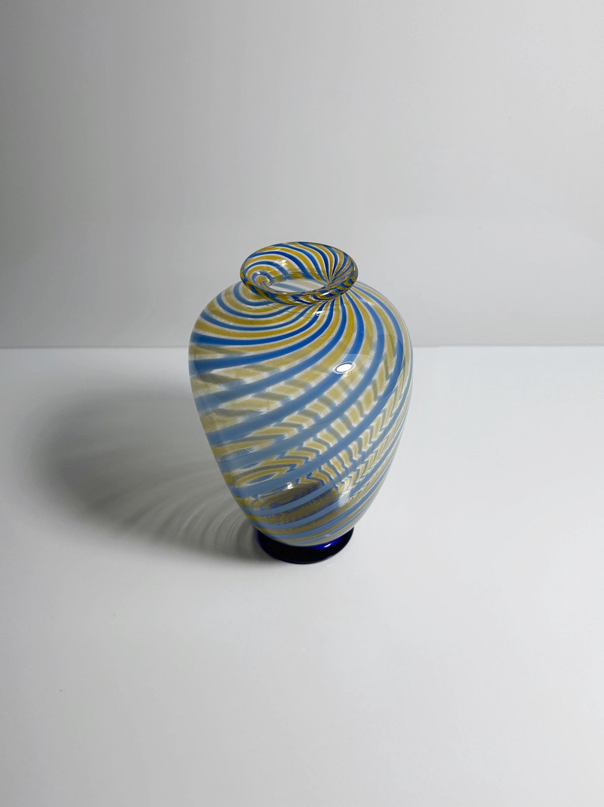 Vintage Murano Swirl Vase by Fratelli Toso Blue Yellow Glass Mid Century 1950s