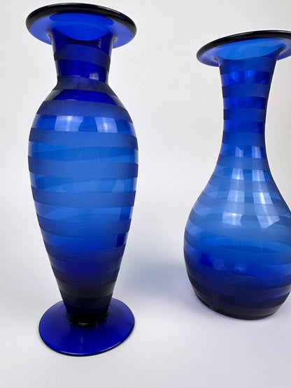 Vintage Vase Kobalt Blau Streifen Swirl 90er Set von 2