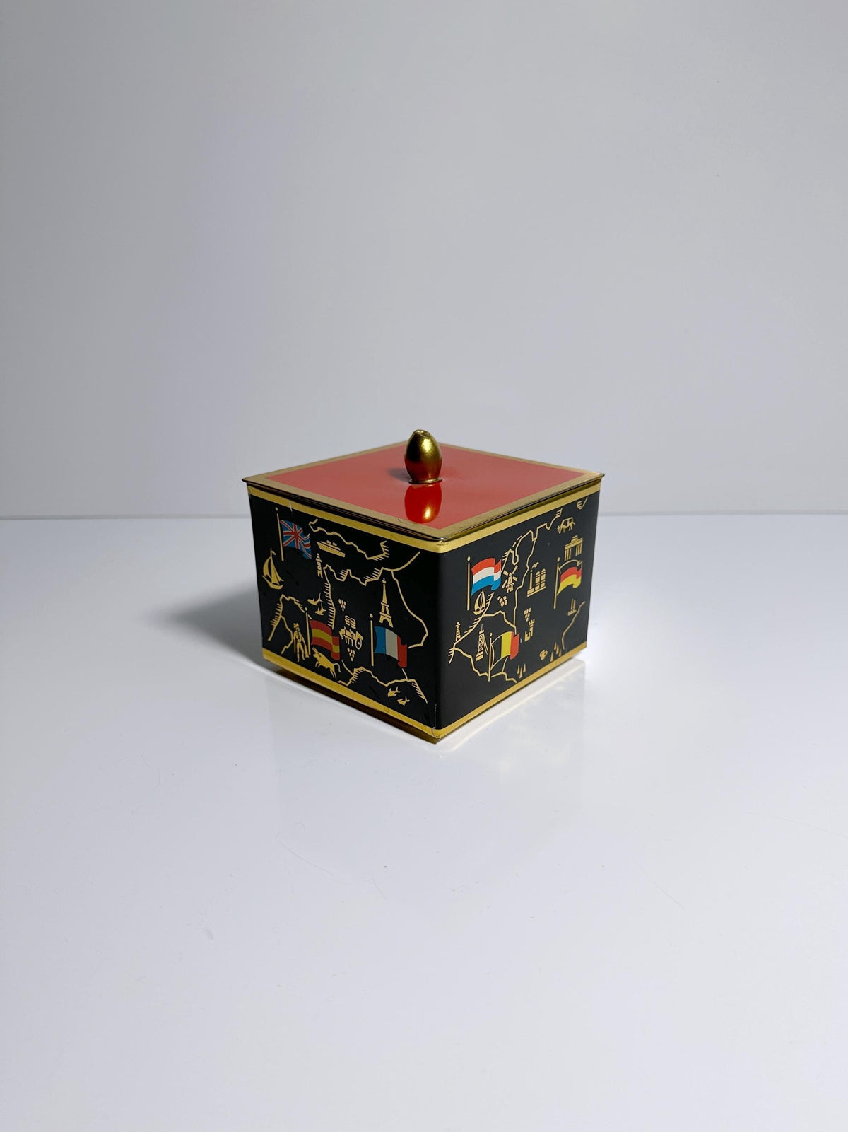 Vintage Metal Bonboniere Mid Century Black Orange Red Europe Flags Gold