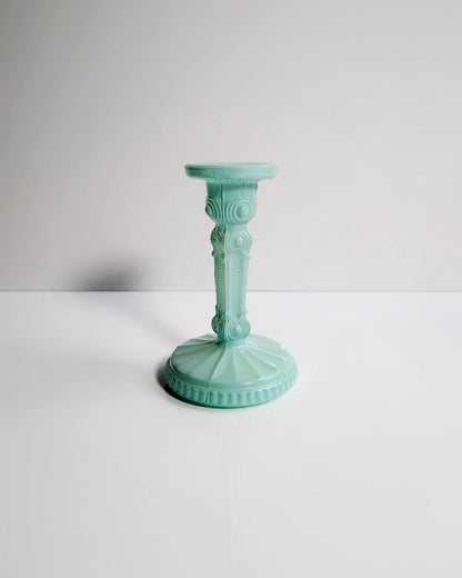 Vintage Art Deco Revival Glass Candle Holder Mint Green Pastel Turquoise 80s Floral
