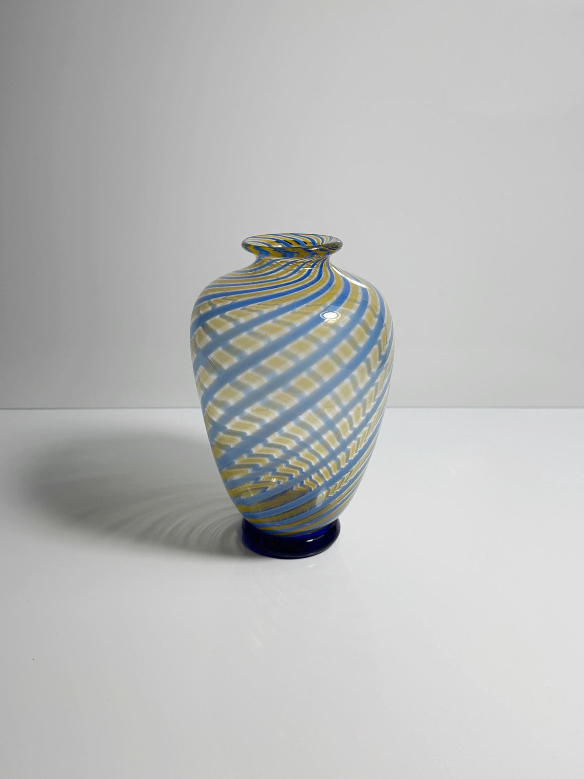 Vintage Murano Swirl Vase by Fratelli Toso Blue Yellow Glass Mid Century 1950s