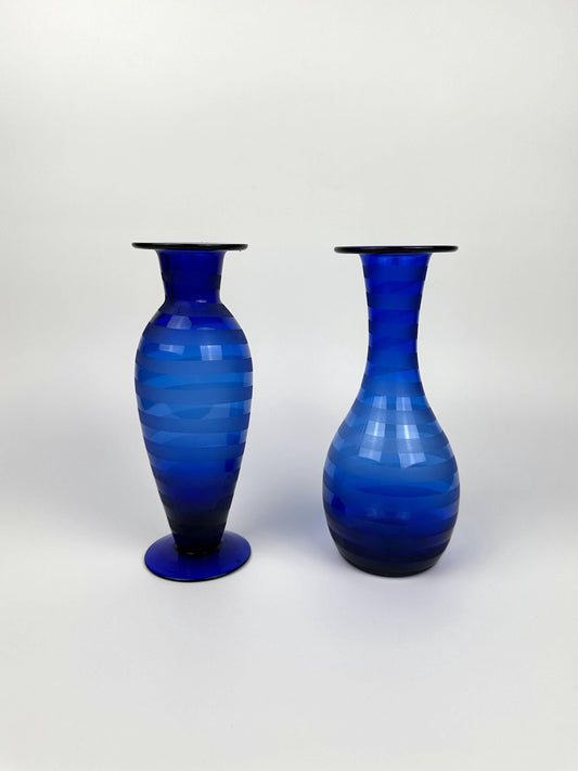 Vintage Vase Kobalt Blau Streifen Swirl 90er Set von 2