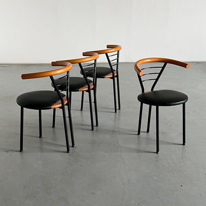 Vintage Postmodern Armlehnstuhl Schwarz Kunstleder Memphis Italien 1990er Set von 4