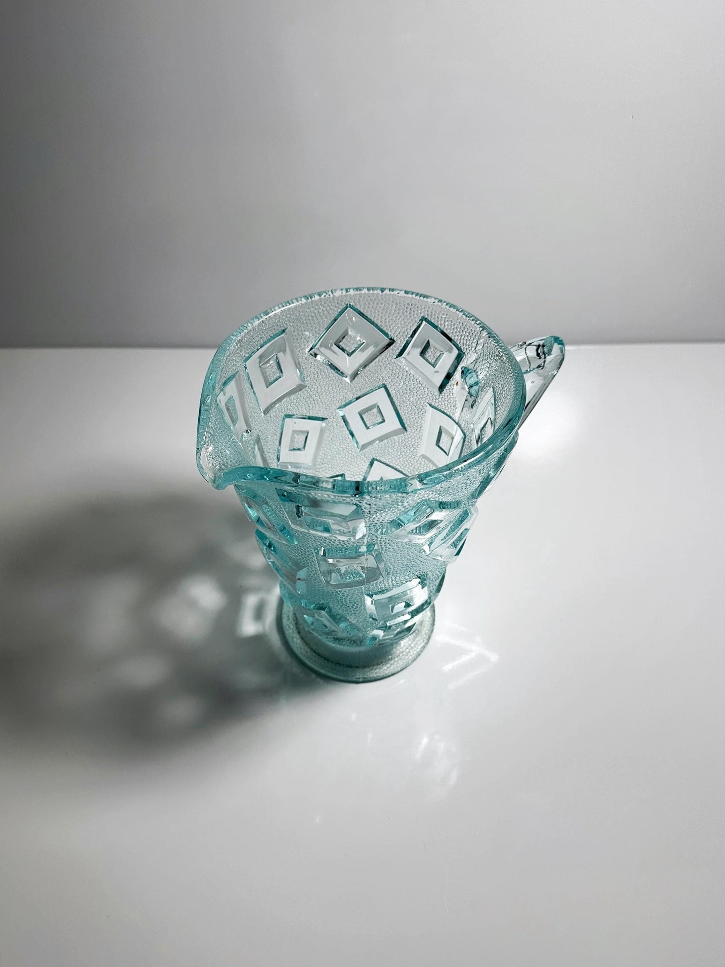 Vintage Art Deco Carafe Libochovice Bohemia Cubist Pressed Glass 30s Bauhaus Water Green