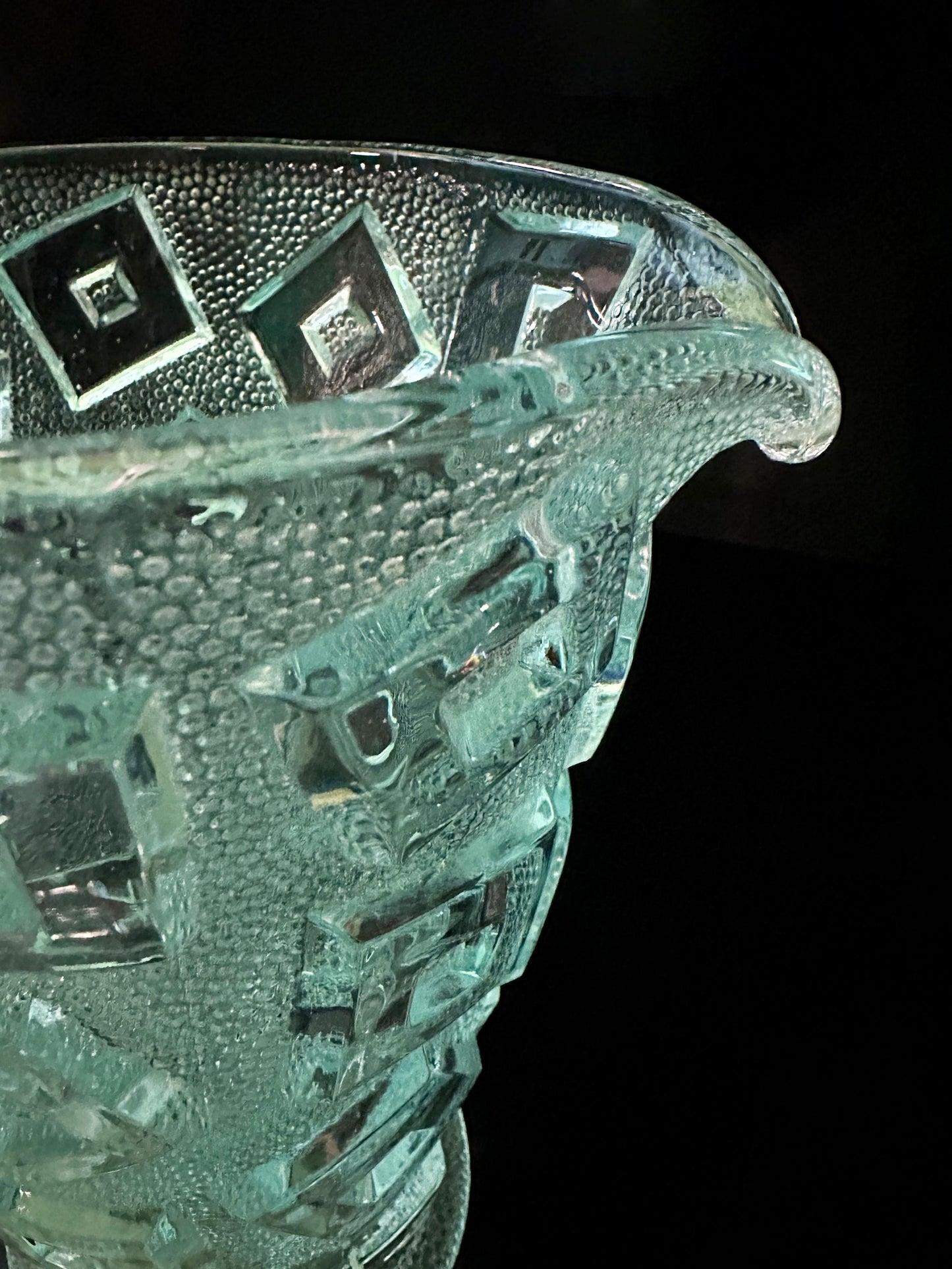 Vintage Art Deco Carafe Libochovice Bohemia Cubist Pressed Glass 30s Bauhaus Water Green