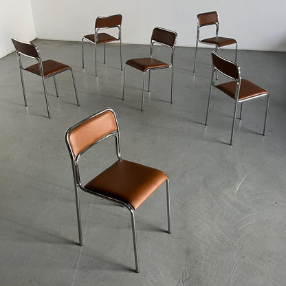 Vintage Set von 6 Stapelstuhl Bauhaus Design, Chromrohr, Kunstleder Braun