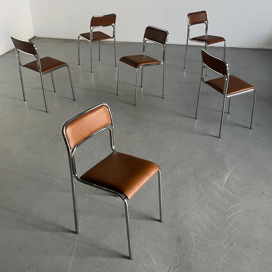 Vintage Set von 6 Stapelstuhl Bauhaus Design, Chromrohr, Kunstleder Braun
