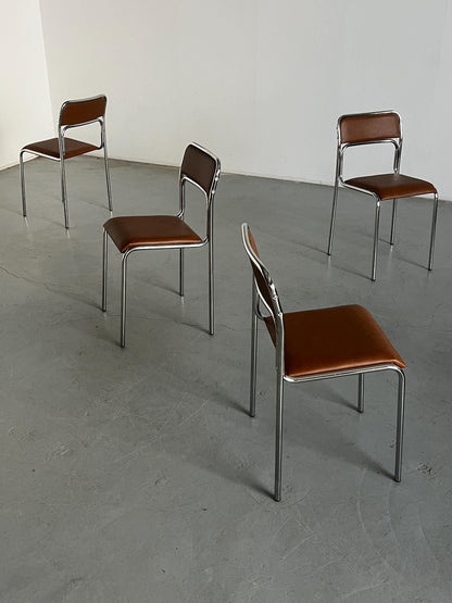 Vintage Set von 6 Stapelstuhl Bauhaus Design, Chromrohr, Kunstleder Braun