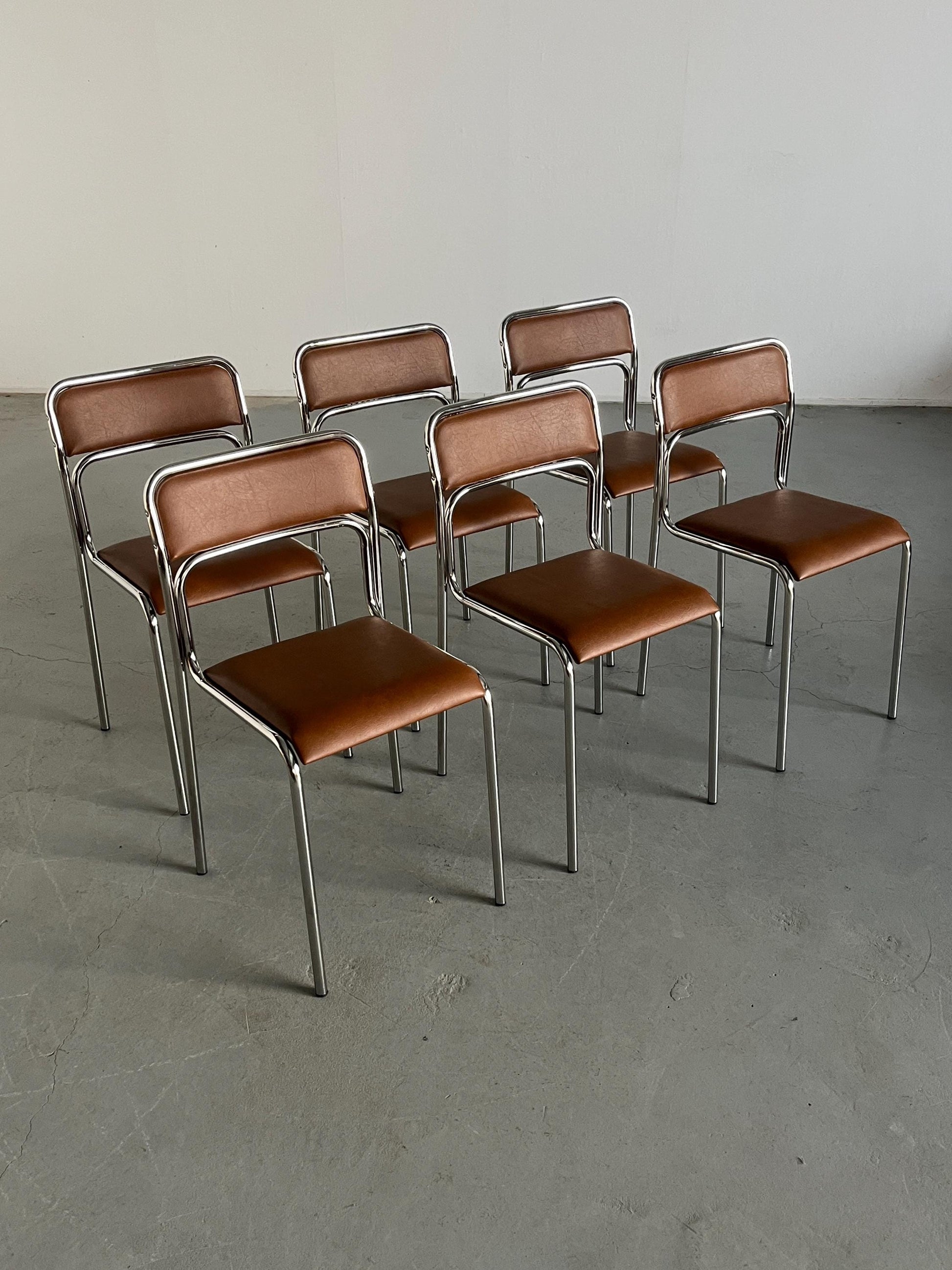 Vintage Set von 6 Stapelstuhl Bauhaus Design, Chromrohr, Kunstleder Braun