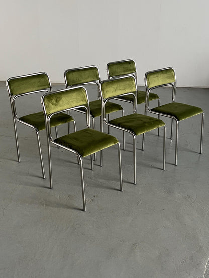 Vintage Stuhl Set von 6 Bauhaus Chrom und grüner Samt von italienischer Designer für unbekannt