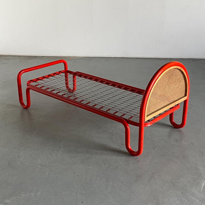 Vintage bed frame Gae Aulenti style metal tube and cane, Italy 1960s