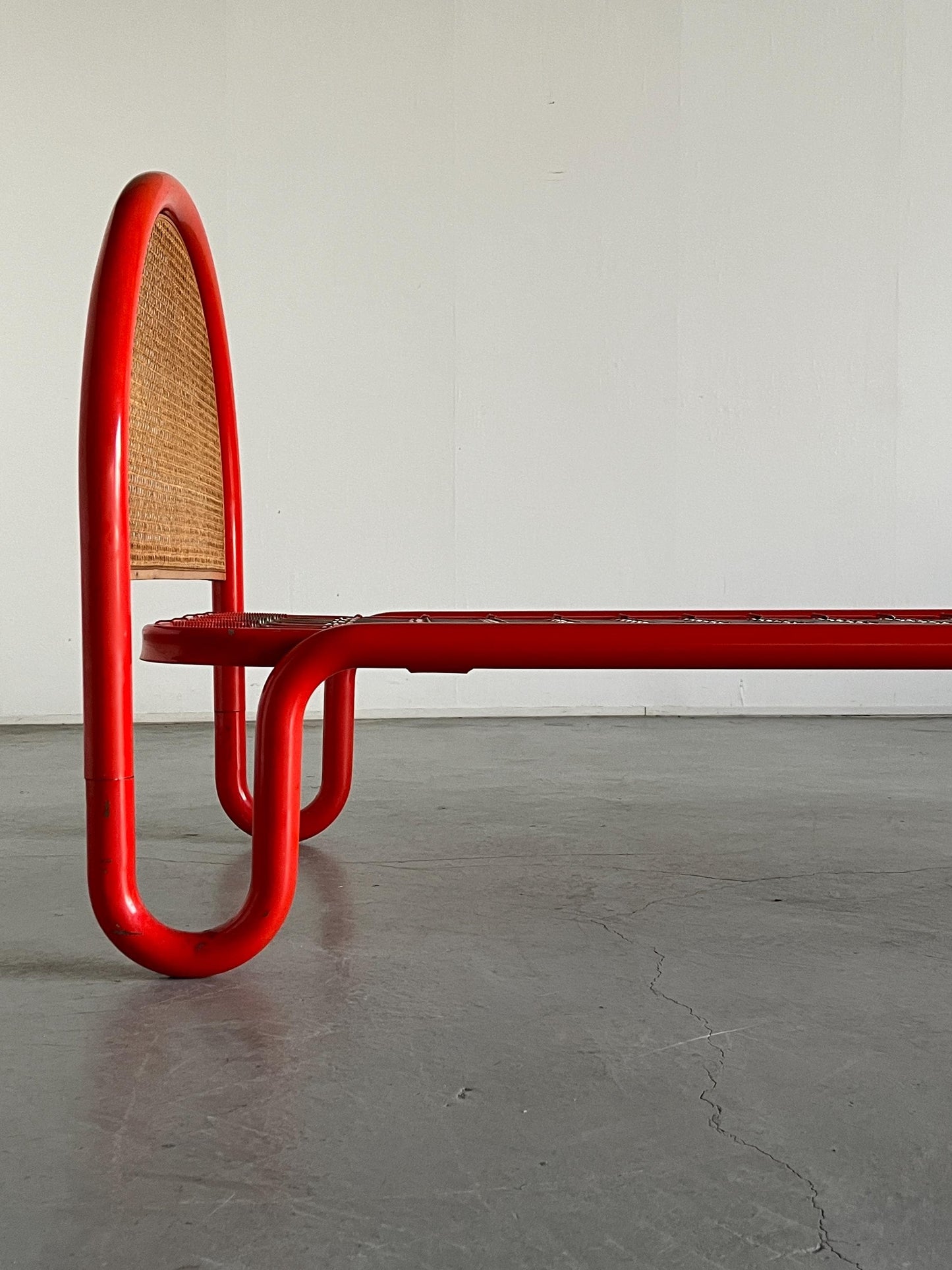 Vintage bed frame Gae Aulenti style metal tube and cane, Italy 1960s