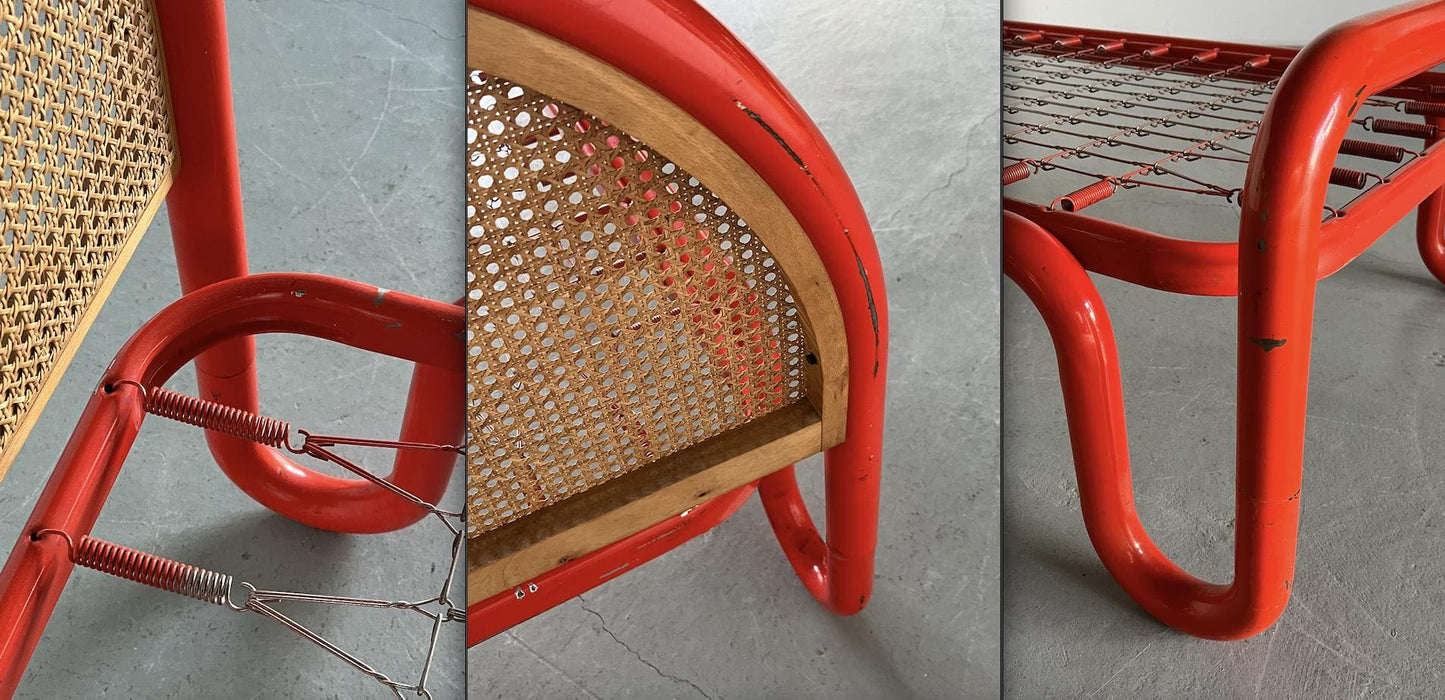 Vintage bed frame Gae Aulenti style metal tube and cane, Italy 1960s