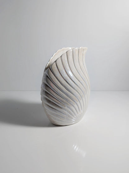 Vintage Ceramic Vase Art Deco Neo Revival Shell White Iridescent 80s