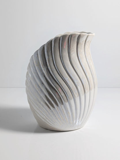 Vintage Ceramic Vase Art Deco Neo Revival Shell White Iridescent 80s