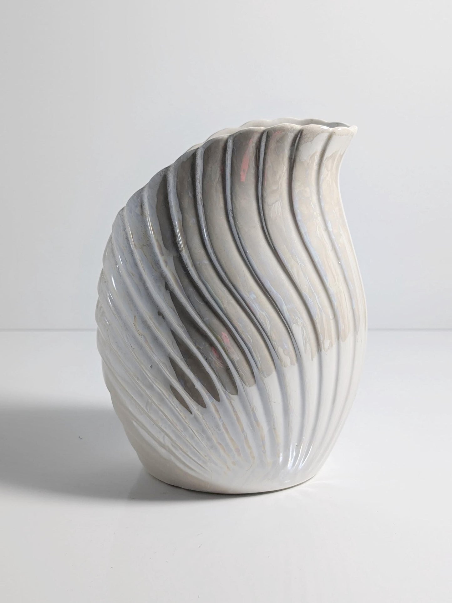 Vintage Ceramic Vase Art Deco Neo Revival Shell White Iridescent 80s