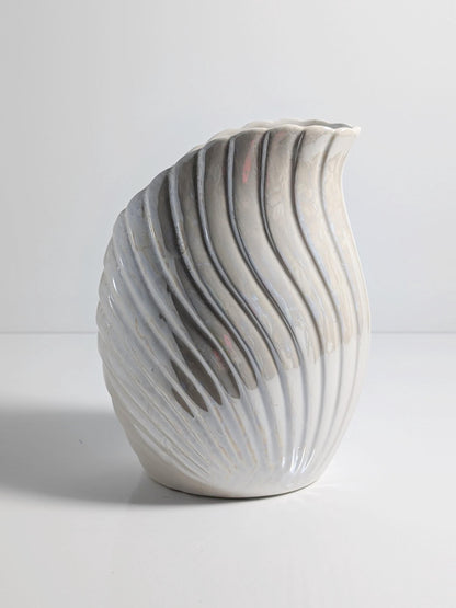Vintage Ceramic Vase Art Deco Neo Revival Shell White Iridescent 80s