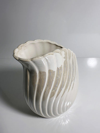 Vintage Ceramic Vase Art Deco Neo Revival Shell White Iridescent 80s
