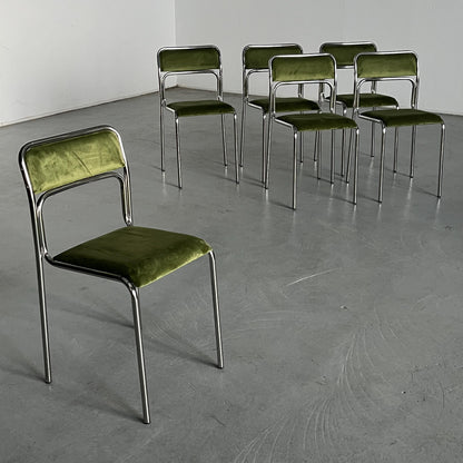 Vintage Stuhl Set von 6 Bauhaus Chrom und grüner Samt von italienischer Designer für unbekannt