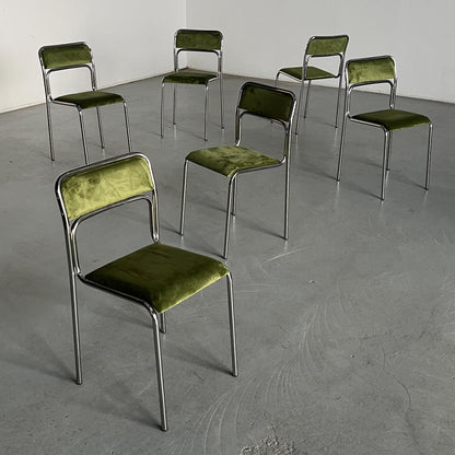 Vintage Stuhl Set von 6 Bauhaus Chrom und grüner Samt von italienischer Designer für unbekannt