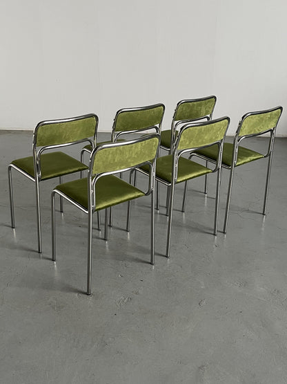 Vintage Stuhl Set von 6 Bauhaus Chrom und grüner Samt von italienischer Designer für unbekannt