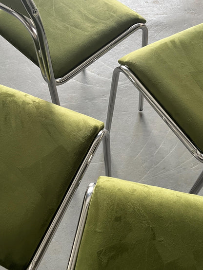Vintage Stuhl Set von 6 Bauhaus Chrom und grüner Samt von italienischer Designer für unbekannt