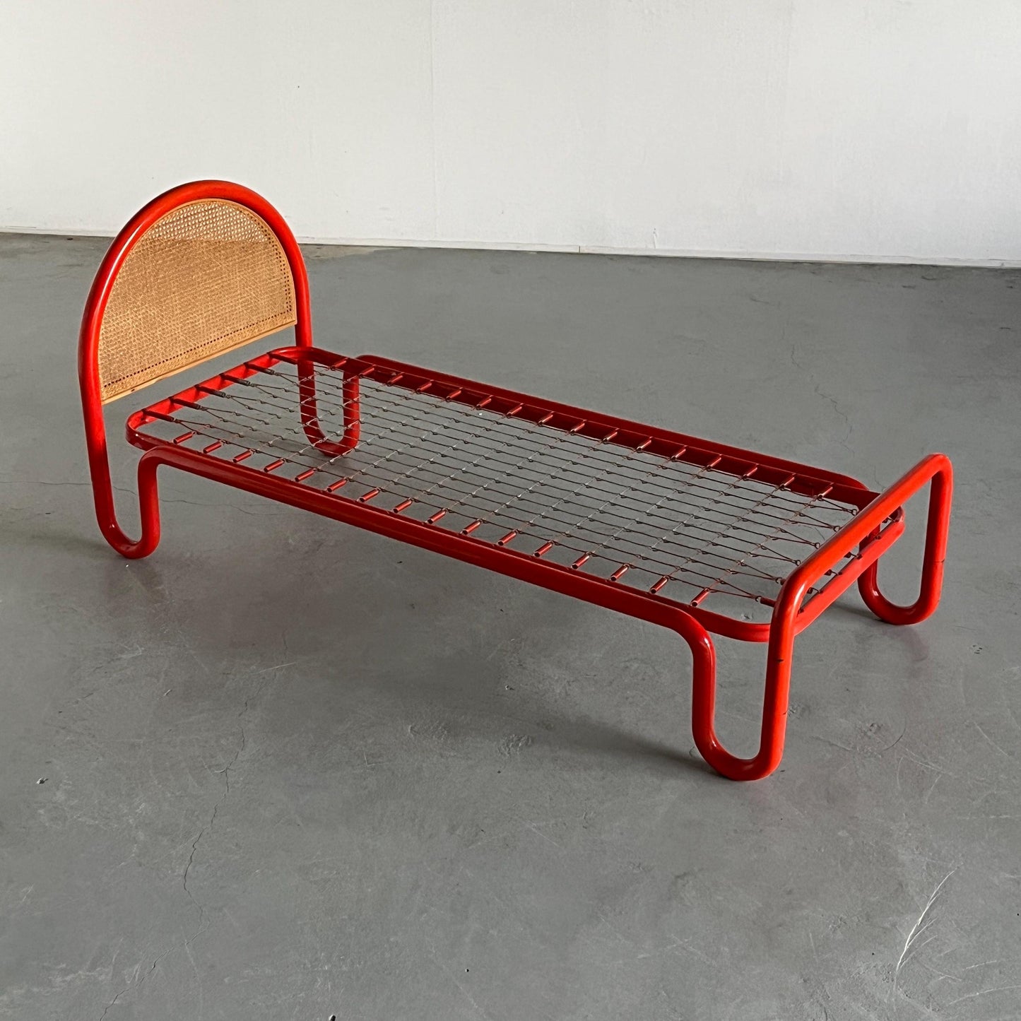 Vintage bed frame Gae Aulenti style metal tube and cane, Italy 1960s