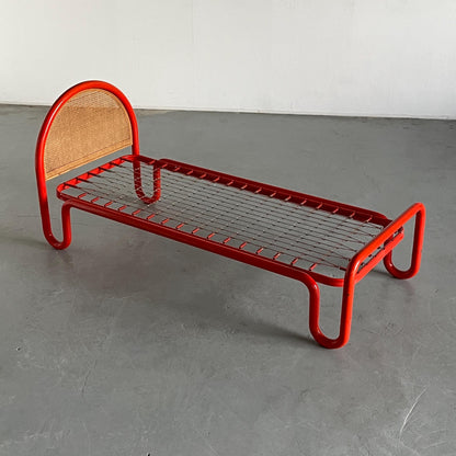 Vintage bed frame Gae Aulenti style metal tube and cane, Italy 1960s