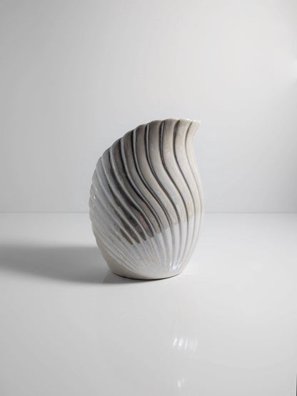 Vintage Ceramic Vase Art Deco Neo Revival Shell White Iridescent 80s
