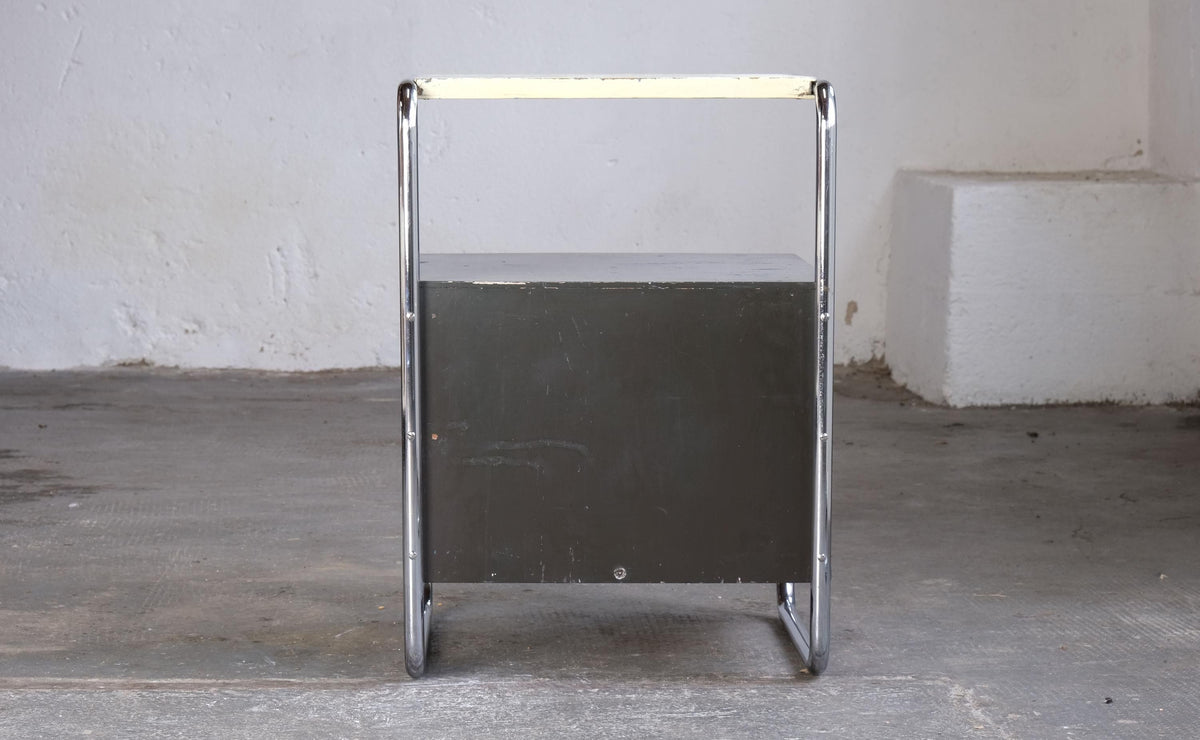 Table de chevet vintage par Mücke Melder Bauhaus années 1930 bois chromé