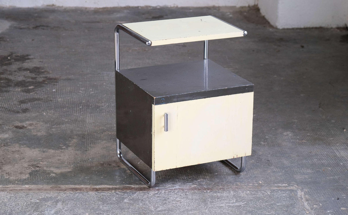 Table de chevet vintage par Mücke Melder Bauhaus années 1930 bois chromé