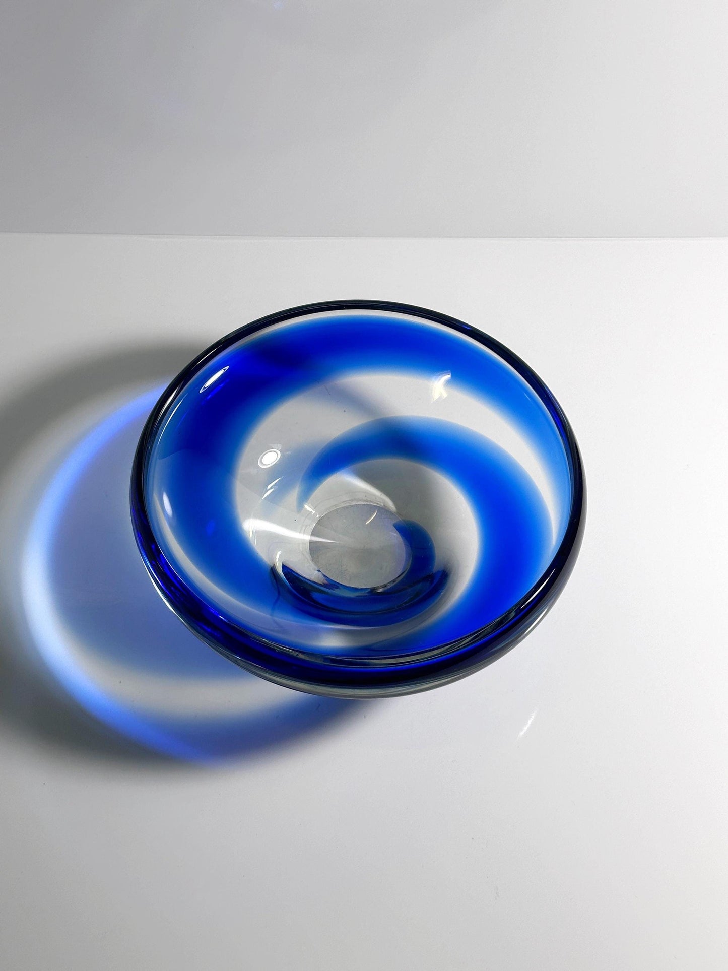 Vintage Bowl Bohemian Glass Cobalt Blue Swirl Mid Century