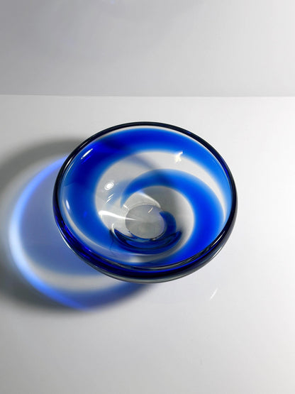 Vintage Bowl Bohemian Glass Cobalt Blue Swirl Mid Century