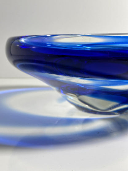Vintage Bowl Bohemian Glass Cobalt Blue Swirl Mid Century