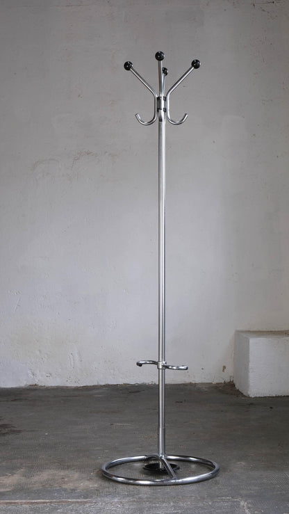 Vintage Bauhaus Standgarderobe aus verchromtem Stahlrohr mit Schirmständer