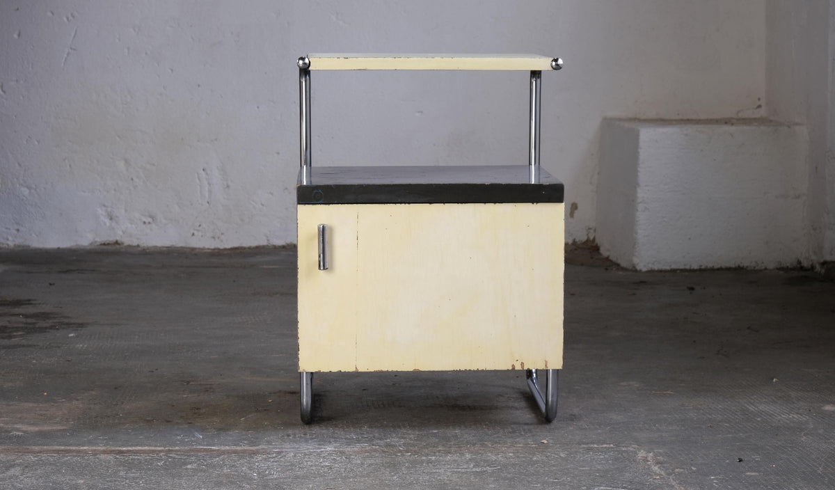 Table de chevet vintage par Mücke Melder Bauhaus années 1930 bois chromé