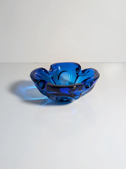 Vintage Aschenbecher CZ Glas Blau Blume 60er 70er