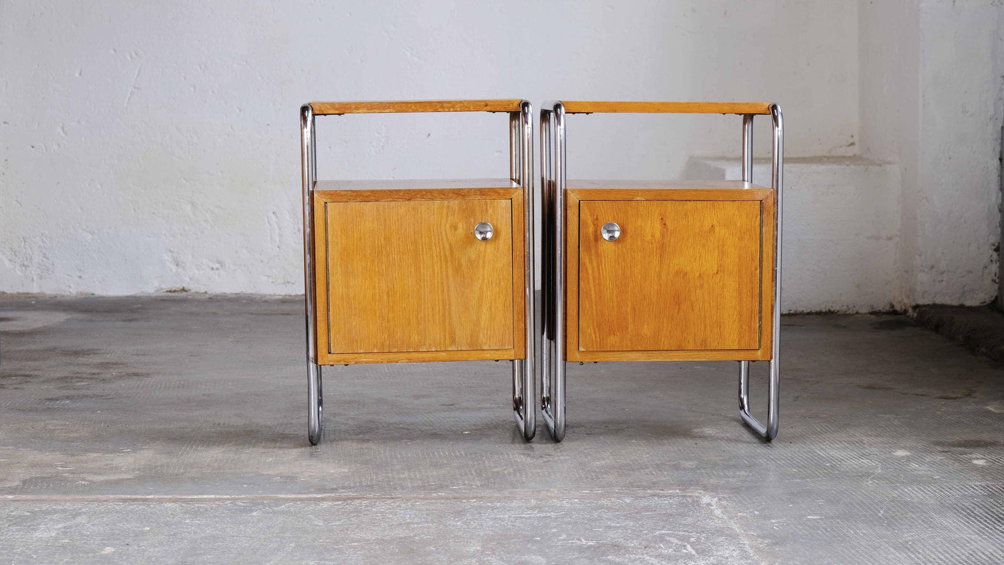 Vintage bedside table Bauhaus light brown wood veneer set of 2