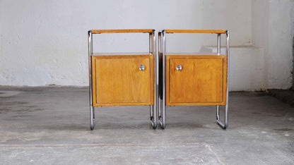Vintage bedside table Bauhaus light brown wood veneer set of 2