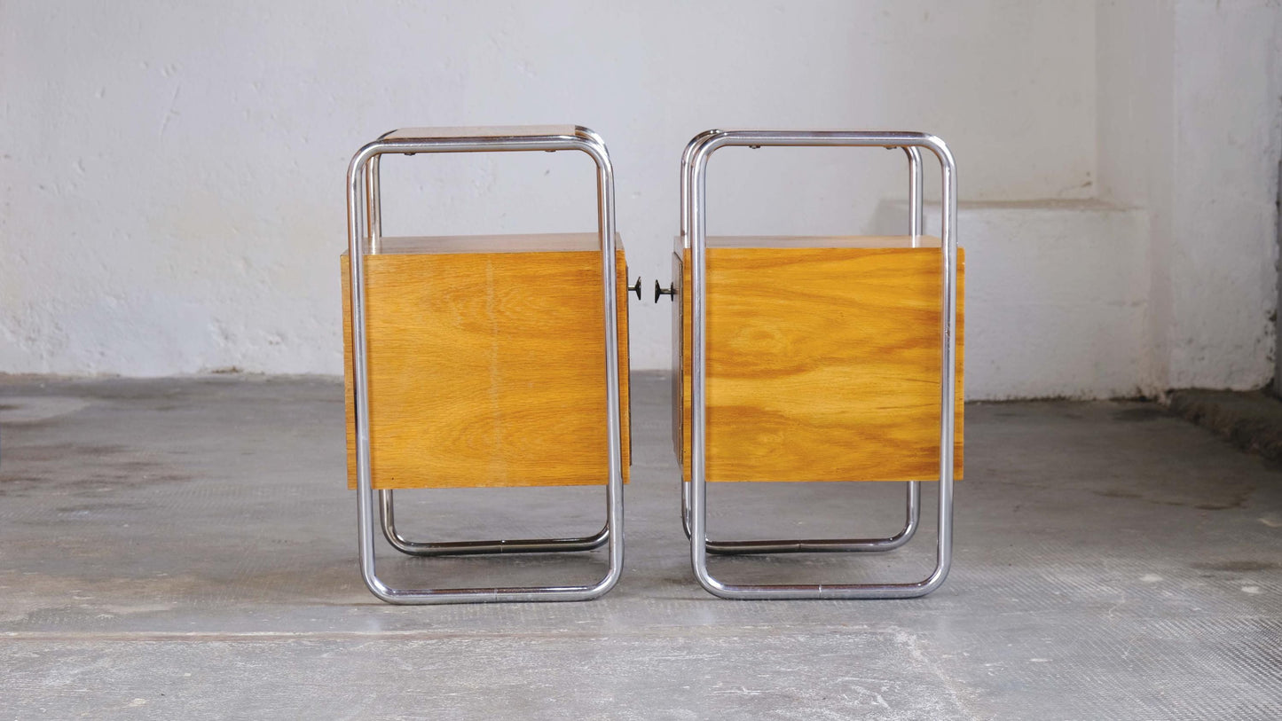 Vintage bedside table Bauhaus light brown wood veneer set of 2